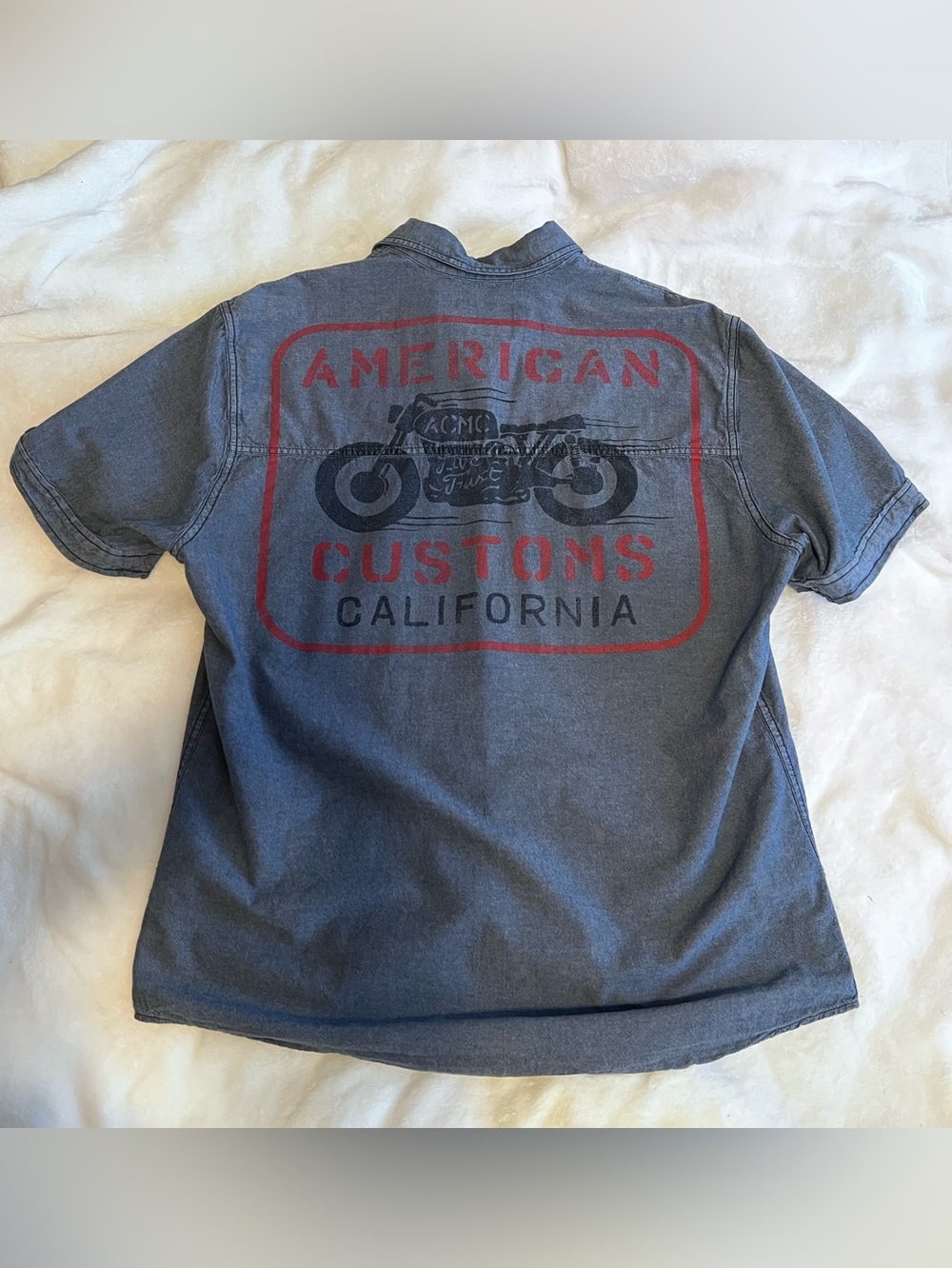 Affliction American Customs Blue Chambray Moto Biker Graphic Button Up NWOT - XL